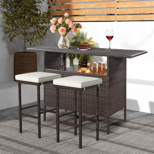 Patio Wicker Bar Stools Set of 2 With Seat Cushions and Footrest